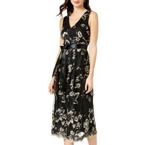 SLNY Embroidered Mesh Overlay Dress w/ Sash